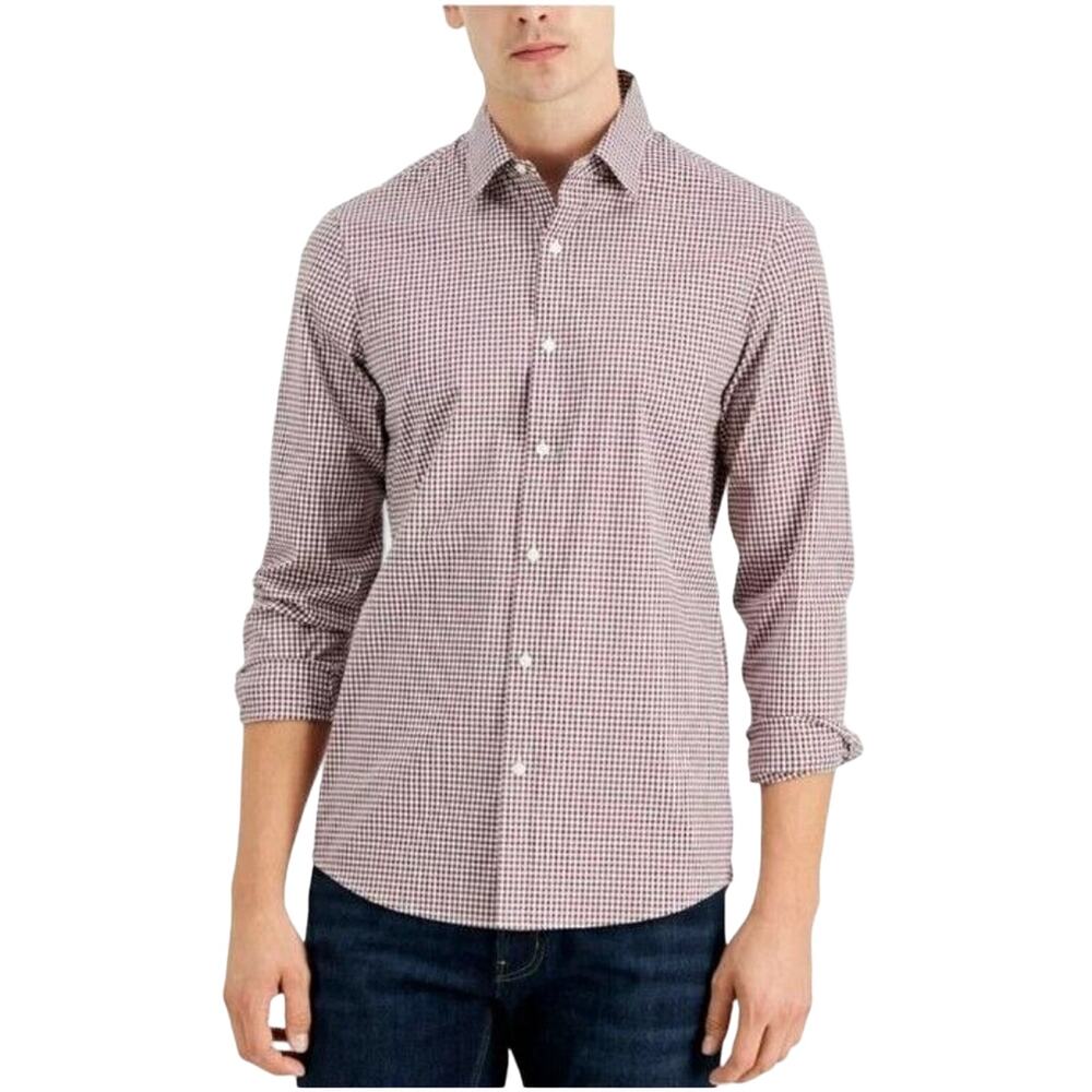 Michael Kors Men Button Shirt L Orange Brown Black Gingham Roll Tab Casual Fall